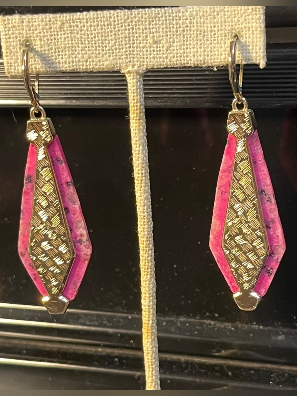 Gold-Tone Pink Inlay Dangle Earrings - Women Jewelry